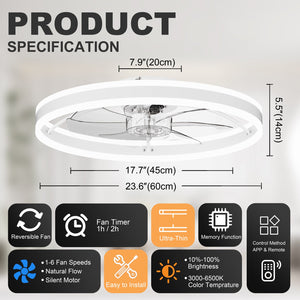 23.6 Inch Ceiling Fan with Light, Quiet DC Motor, Dimmable 3-Color LED