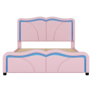 Upholstered Platform Bed & Curve Shaped And Height Adjustable Headboard, LED Light Strips