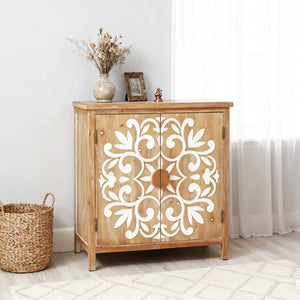 Rustic Wooden Accent Cabinet with Floral Carved Doors