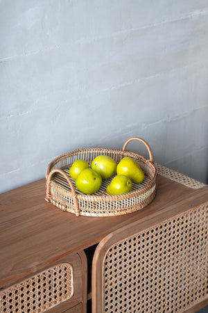 Set of 3 Round Decorative Brown Bamboo Woven Trays with Handles