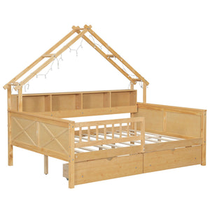 House Style Platform Bed With LED Lights, Storage Shelves, Drawers, And Guardrail