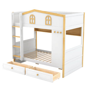 Twin Over Twin Bunk Bed With House Shaped Guardrails, Storage Shelves & Drawers - White / Natural