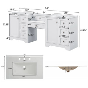 Double Sink Bathroom Vanity With Countertop, 2 Ceramic Sinks, 6 Drawers