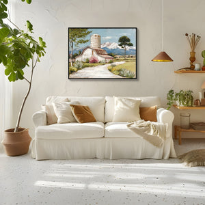 Framed Canvas Wall Art Beautiful Field Painting Wildflower Barn Print Nature Scenery Picture For Home - Blue / Pink
