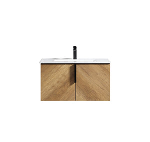 36 Inch Wall-Mounted Bathroom Vanity with 3D Fluted Panel & Ceramic Integrated Sink