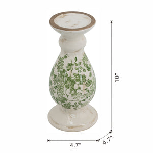 D4.7x10' White Ceramic Candle Holder with Green Floral Patterns, Small