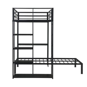 Metal Loft Bed Frame with LED Light Strip, Side Storage Shelves & Built-in Desk