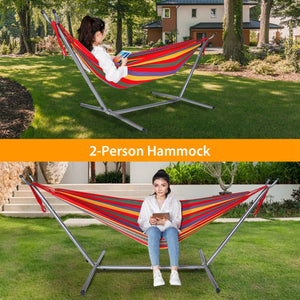Brazilian Double Hammock 2-Person Steel Canvas Stand Hammock Bed w/ Portable Carrying Case For Patio Beach Yard 661 LBS Max Load