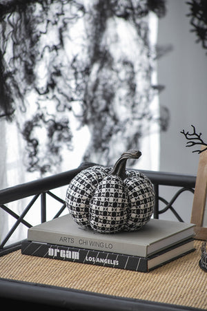Plaid Fabric Pumpkin 7'' Black & White Halloween Decoration Accent