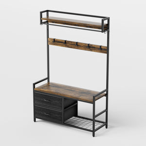 Hall Tree With 2 Movable Drawers, Shoe Storage, Shelves, Garment Racks, And 23 Hooks For Entryway - Rustic Brown