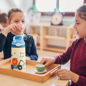 13.5Oz Insulated Stainless Steel Water Bottle Leak-proof Bottle for Kids with Straw Push Button Lock Switch Sports Water Bottle for Toddlers Boys Girl