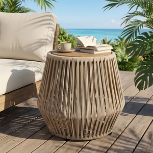 Acacia Wood Side Table with Beige Rope Base