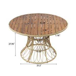 5-Piece Outdoor Dining Set: Teak Finish Round Acacia Wood Table & 4 Wicker Armchairs