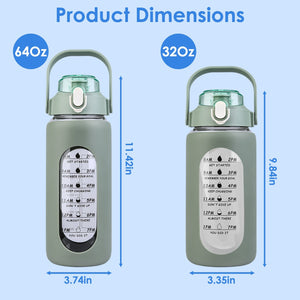 34Oz Glass Water Bottle Sports Water Bottle Motivational Water Bottle Water Intake Tracker Bottle with Straw Time Marker Silicone Sleeve Handle for Gy