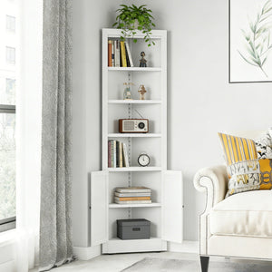 Tall Corner Storage Cabinet With 2 Doors, 5-Tier With Adjustable Shelves, Freestanding - White