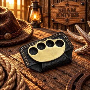 Deadwood Legend Solid Brass Knuckles – Cowboy Display Piece with Leather Sheath