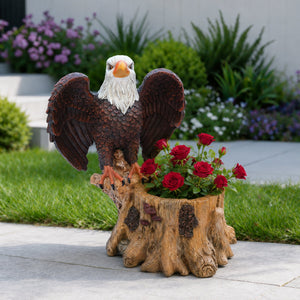 Majestic Eagle Garden Planter Pot on Tree Stump Base