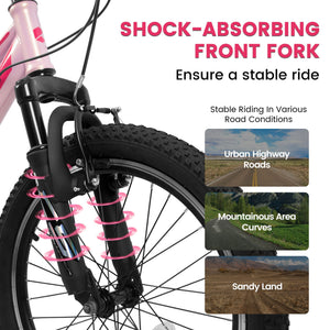 20" Children's Bicycle Shock Absorbing Front Fork 7 Speed V Brakes Mountain Tire Boys And Girls Kids Bike For Outdoor Adventure - Pink