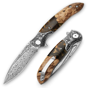 Demeter VG10 Damascus Pocket Knife with Exotic Olive Burl & Resin Handle - TRAPSKI