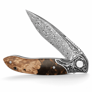 Demeter VG10 Damascus Pocket Knife with Exotic Olive Burl & Resin Handle - TRAPSKI