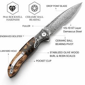 Demeter VG10 Damascus Pocket Knife with Exotic Olive Burl & Resin Handle - TRAPSKI