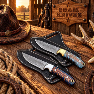Desert Amethyst Cowboy Knife Duo – Damascus & Pine Cone Handles