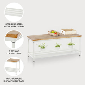 Design Ideas MeshWorks 2 Tier Wood Top Metal Storage Shelving Unit Rack, White