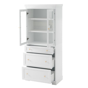 Freestanding Tall Bathroom Cabinet With Adjustable Shelves, Drawers, Soft Close Glass Doors