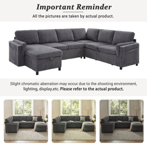 Convertible U-Shaped Sectional Sofa Bed With USB Ports And Storage