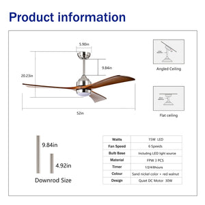 52" Solid Wood Blades Ceiling Fan with Lights and Remote Control