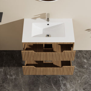 30" Wall Mounted Bathroom Vanity With Sink, Soft Close System, And Spacious Drawers - Walnut