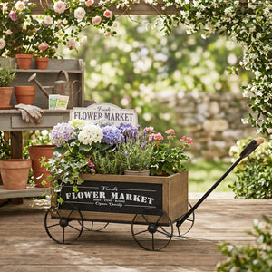 16.5x9.5x8" Rustic Wooden Wagon Planter with Flower Market Sign