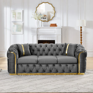 Button Tufted 3-Seater Chesterfield Sofa with Pillows - Velvet, Multiple Colors