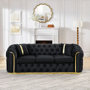 Button Tufted 3-Seater Chesterfield Sofa with Pillows - Velvet, Multiple Colors