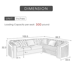 L Shaped Chesterfield Sectional Sofa with Stainless Steel Accents - Pink, Black, Beige