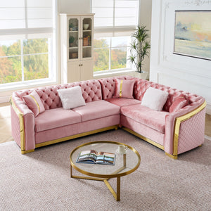 L Shaped Chesterfield Sectional Sofa with Stainless Steel Accents - Pink, Black, Beige