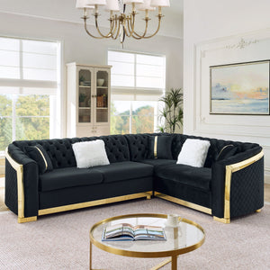L Shaped Chesterfield Sectional Sofa with Stainless Steel Accents - Pink, Black, Beige