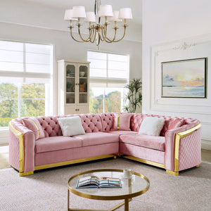 L Shaped Chesterfield Sectional Sofa with Stainless Steel Accents - Pink, Black, Beige
