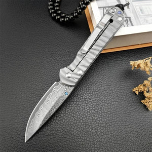 Diamond Japanese EDC Pocket Knife with VG10 Damascus Blade, Titanium Handle & Sheath - TRAPSKI