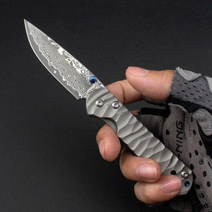 Diamond Japanese EDC Pocket Knife with VG10 Damascus Blade, Titanium Handle & Sheath - TRAPSKI