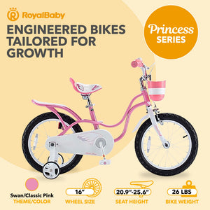 RoyalBaby Princess Girl Bicycle 16" with Training Wheels & Kickstand, Swan/Pink