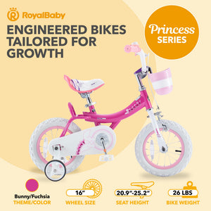 RoyalBaby Princess Girl Bike 16" w/Training Wheels & Kickstand, Bunny/Fuchsia
