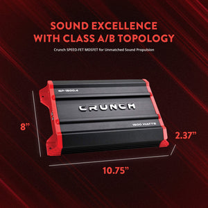 Crunch 1,500 Watt Adjustable 12dB Ground Pounder Car Amplifier, GP-1500.4, Black