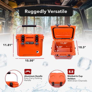 CAMP-ZERO 10 Liter 10.6 Quart Lidded Cooler with 2 Molded In Cup Holders, Orange