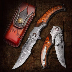 Dragon Japanese VG10 Damascus Pocket Knife with Exotic Snake Wood Handle - TRAPSKI