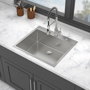25 x 22 x 9 Inch Kitchen Sink Drop-In 16 Gauge Stainless Steel Single Bowl