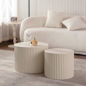 Beige Nesting Coffee Table Set of 2 Modern Drum Side Tables