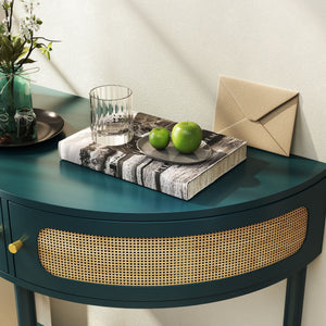 Boho Rattan Semi Circle End Table With Sliding Rattan Door, Storage And Bottom Shelf