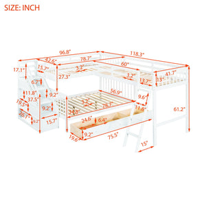 Solid L Shaped Bunk Bed With 3 Drawers, Ladder And Staircase