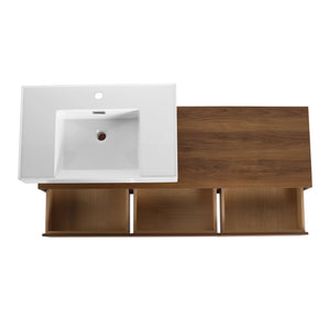 Modern Wall Mounted Bathroom Vanity With Resin Sink And Side Cabinet - Brown Ebony